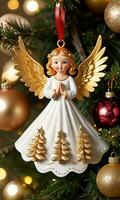 Photo Of Christmas Angel Ornament With Golden Wings. AI Generated