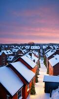 Photo Of Christmas Snowy Rooftops At Dusk. AI Generated