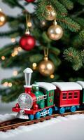 Photo Of Christmas Toy Train Circling A Tree. AI Generated