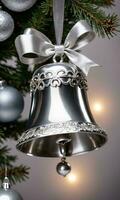 Photo Of Christmas Ornamental Silver Bell. AI Generated