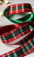 Photo Of Christmas Red And Green Plaid Ribbon. AI Generated