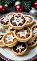 Photo Of Christmas Mince Pies On A Festive Plate. AI Generated