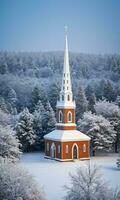 Photo Of Christmas SnowCovered Church Steeple. AI Generated
