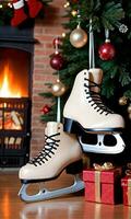 Photo Of Christmas Ice Skates Hanging By A Fire. AI Generated