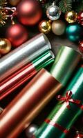 Photo Of Christmas Shiny Wrapping Paper Rolls. AI Generated