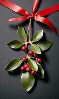 Photo Of Christmas Mistletoe With A Red Ribbon. AI Generated