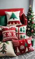 Photo Of Christmas Festive Throw Pillows On A Couch. AI Generated