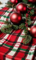 Photo Of Christmas Red And Green Plaid Tablecloth. AI Generated