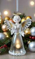 Photo Of Christmas Glass Angel Ornament With A Halo. AI Generated