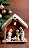 Photo Of Christmas Handmade Clay Nativity Scene. AI Generated