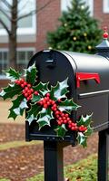 Photo Of Christmas Holly Branches Decorating A Mailbox. AI Generated