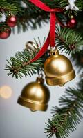 Photo Of Christmas Jingle Bells On A Christmas Tree Branch. AI Generated