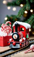 Photo Of Christmas Toy Train Carrying Candy Canes. AI Generated