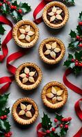 Photo Of Christmas Mince Pies Surrounded By Holly Leaves. AI Generated