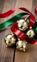 Photo Of Christmas Jingle Bells On A Red And Green Ribbon. AI Generated