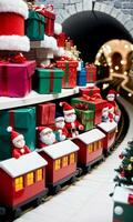 Photo Of Christmas Toy Train Going Through A Tunnel Of Gifts. AI Generated