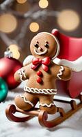 Photo Of Christmas Gingerbread Man Sitting On A Sleigh. AI Generated