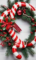Photo Of Christmas Wreath Intertwined With Candy Cane Stripes. AI Generated