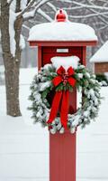 Photo Of Christmas SnowCovered Mailbox With A Wreath On Top. AI Generated