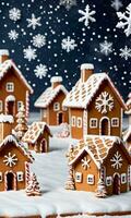 Photo Of Christmas Snowflakes Falling On A Gingerbread Village. AI Generated