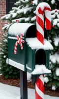 Photo Of Christmas SnowCovered Mailbox With Candy Cane Stripes. AI Generated