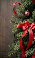Photo Of Christmas Pine Tree Branches Draped With Red Ribbons. AI Generated
