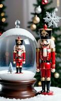 Photo Of Christmas Nutcracker Standing Next To A Snow Globe. AI Generated