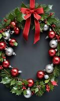 Photo Of Christmas Wreath Intertwined With Jingle Bells And Mistletoe. AI Generated