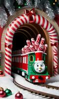 Photo Of Christmas Toy Train Carrying Candy Canes Through A Tunnel Of Tinsel. AI Generated