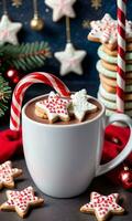Photo Of Christmas Hot Cocoa Mug With A Candy Cane Stirrer Beside StarShaped Cookies. AI Generated