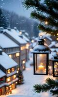 foto de Navidad ángel ornamento con vista a un Nevado pueblo con un iluminado linterna. ai generado