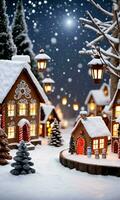 Photo Of Christmas Snowy Village With Lanterns And A Gingerbread House Display. AI Generated