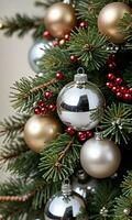 Photo Of Christmas Pine Tree Branches Draped With Jingle Bells And Glass Ornaments. AI Generated