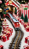 Photo Of Christmas Toy Train Going Through A Tunnel Of Gifts And Candy Canes. AI Generated