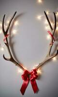 Photo Of Christmas Reindeer Antlers Wrapped With Fairy Lights And Red Ribbons. AI Generated