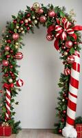 Photo Of Christmas Candy Cane Arch With Hanging Mistletoe And Ornaments. AI Generated