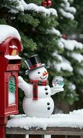 Photo Of Christmas Snowman Holding A Glass Snow Globe Beside A Snowy Mailbox. AI Generated