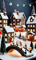 Photo Of Christmas Gingerbread Village Display With A Snowy Bridge And Lanterns. AI Generated