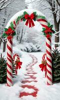 Photo Of Christmas Snowy Footprints Leading To A Candy Cane Arch With Hanging Stockings. AI Generated