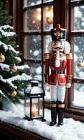 Photo Of Christmas Nutcracker Holding A Lantern Beside A Snowy Window. AI Generated