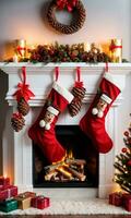 Photo Of Christmas Stockings Filled With Pinecones Beside A Glowing Fireplace. AI Generated