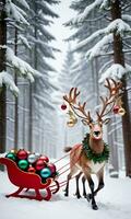 Photo Of Christmas Reindeer Pulling A Sleigh Of Ornaments Through A Snowy Forest. AI Generated