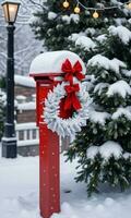 Photo Of Christmas SnowCovered Mailbox With A Wreath And Fairy Lights. AI Generated