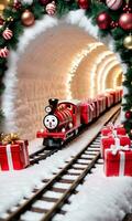 Photo Of Christmas Toy Train Carrying Candy Canes Through A Tunnel Of Gifts. AI Generated