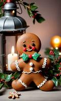 Photo Of Christmas Gingerbread Man Sitting Beneath Mistletoe With A Lantern. AI Generated