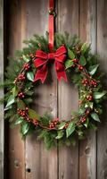 Photo Of Christmas Wreath Intertwined With Jingle Bells And Mistletoe Hanging On A Rustic Wooden Door. AI Generated