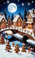 Photo Of Christmas Gingerbread Village With A Snowy Bridge And Lanterns Under A Starry Winter Night. AI Generated