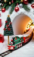 Photo Of Christmas Toy Train Carrying Candy Canes Through A Tunnel Of Tinsel Under A Grand Christmas Tree. AI Generated
