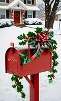 foto de Navidad acebo ramas decorando un buzón lleno con Navidad tarjetas y cintas conjunto en contra un fondo de un cubierto de nieve frente patio trasero. ai generado