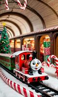 Photo Of Christmas Toy Train Going Through A Tunnel Of Gifts And Candy Canes In A Bustling Train Station. AI Generated